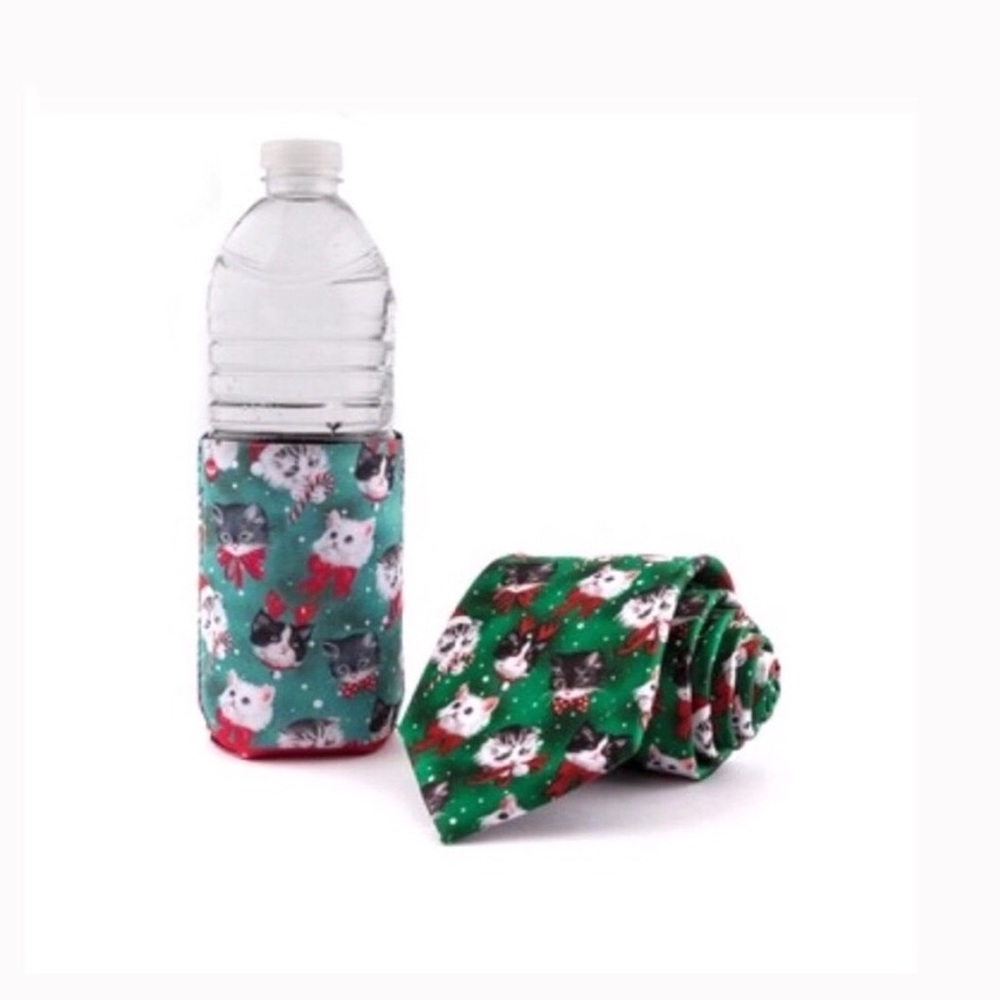 Christmas cat Noel holiday tie & drink holder set nwt